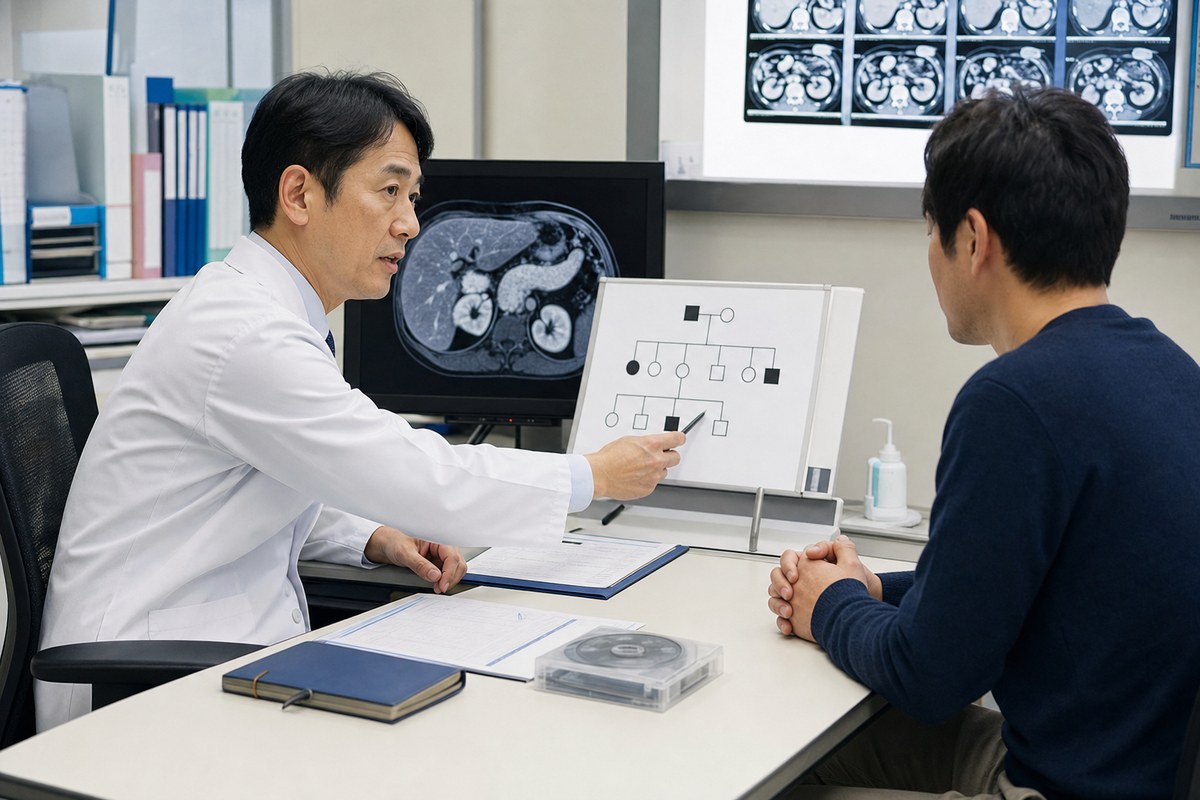 家族歴や検査結果を確認しながら膵臓がんの相談をする場面