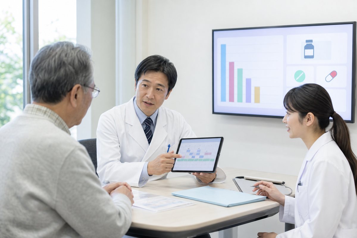 膵臓がんの抗がん剤治療計画を医師と薬剤師から説明される日本人患者