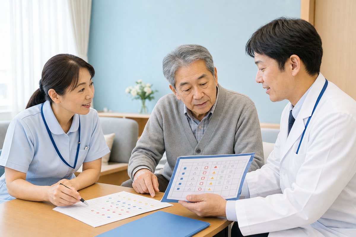 症状記録と服薬内容を看護師へ相談する膵臓がん患者