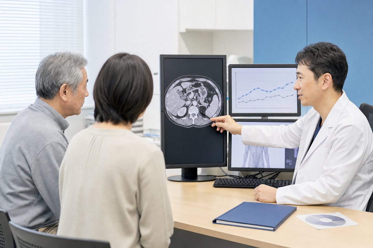膵臓がんの治療歴と検査結果を確認する医療相談の様子