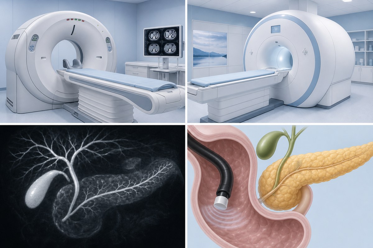 CT・MRI・超音波内視鏡による膵臓がん検査を示す医療イメージ