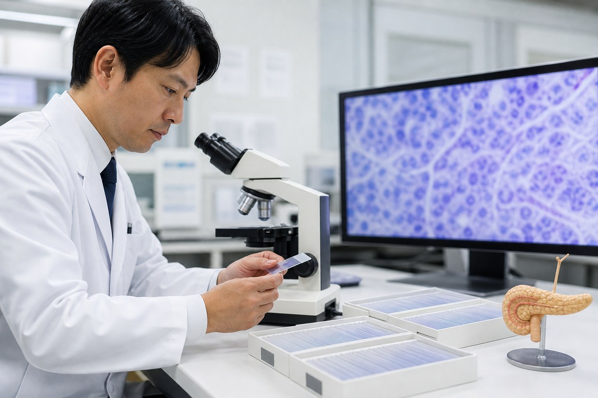 膵臓の組織検体を病理医が顕微鏡で確認する医療現場