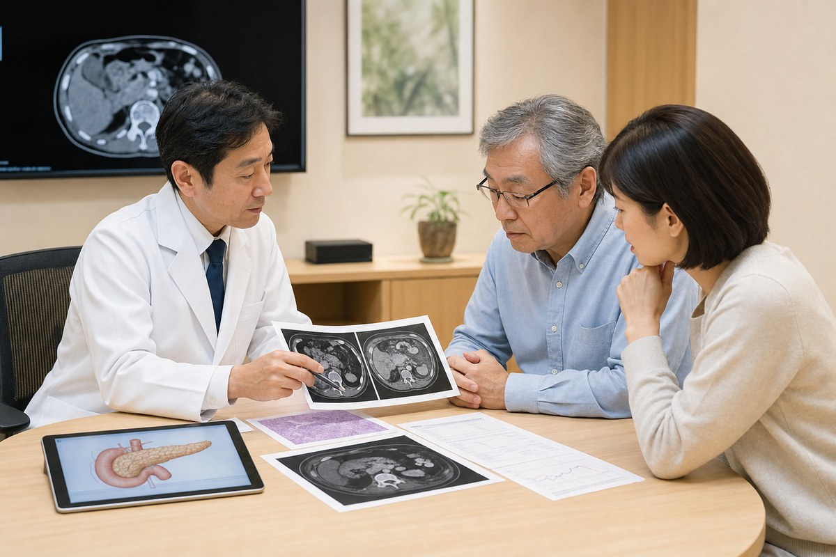 膵臓がんの検査結果と治療方針を医師に相談する患者様とご家族