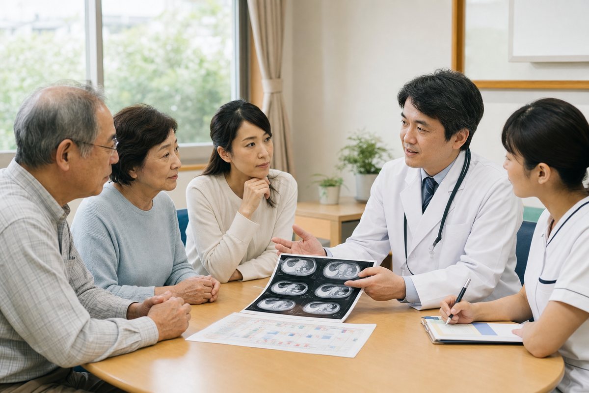 膵臓がんの肺転移について日本人患者と家族が医療者へ相談する様子