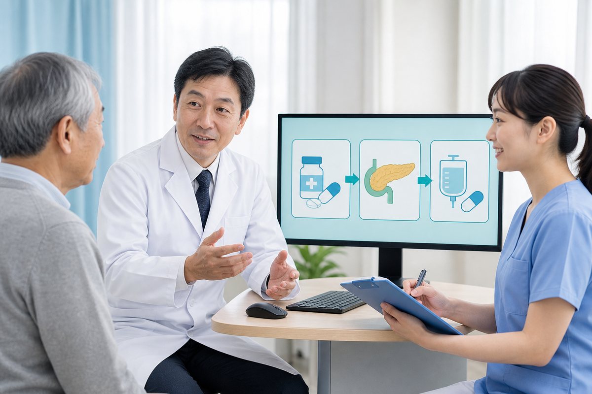 膵臓がんステージ1の手術と薬物療法の流れを説明する医療イメージ