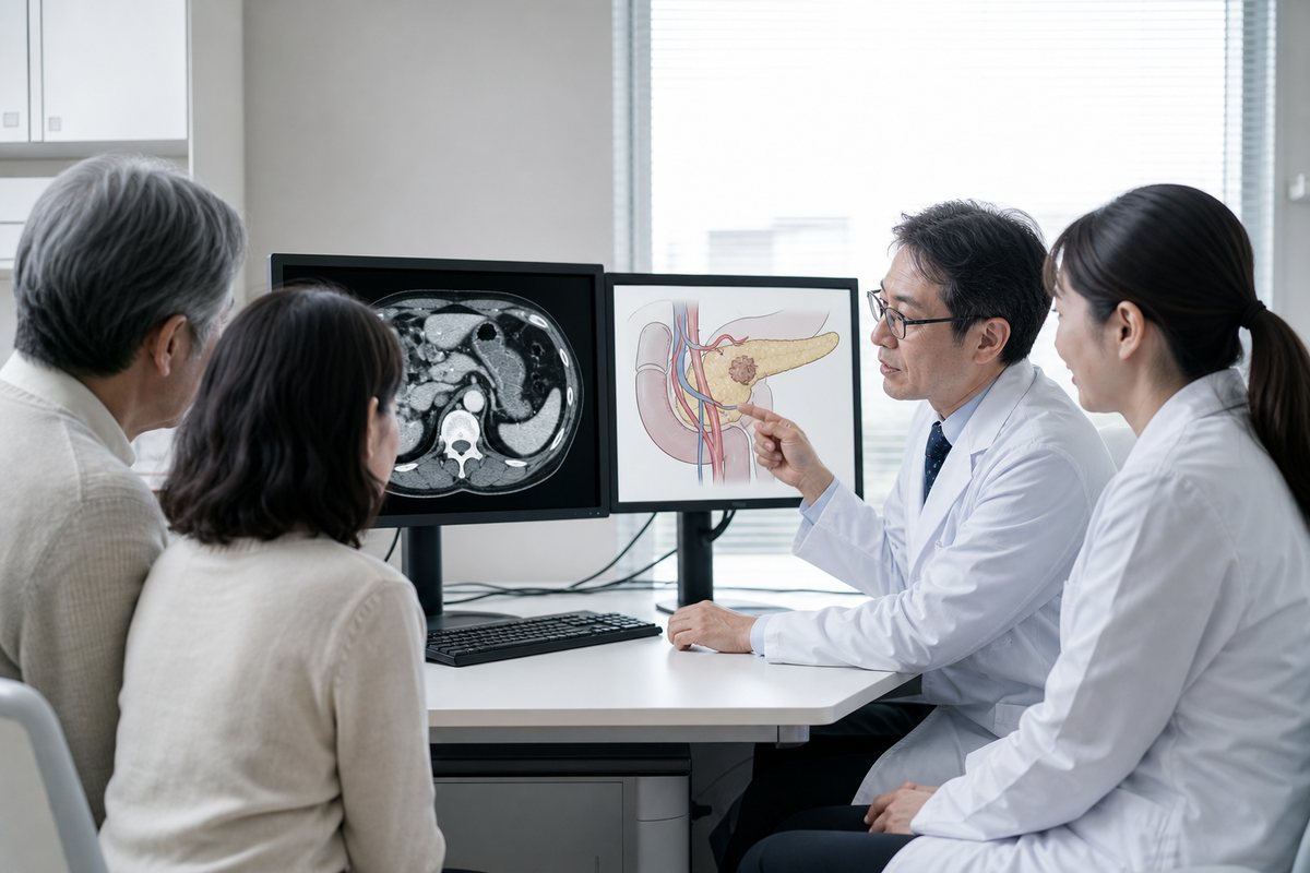 膵臓がんステージ3のCT画像と血管の位置関係を確認する診察