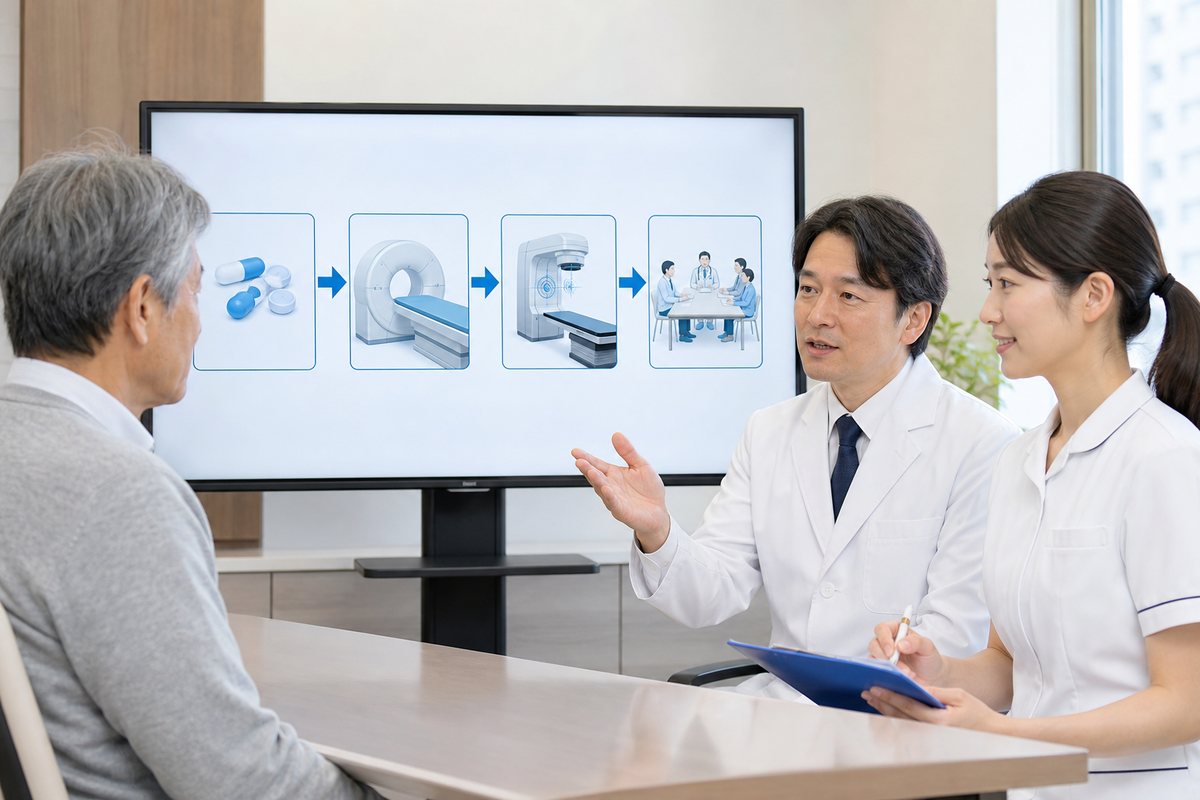 膵臓がんステージ3の薬物療法と再評価を説明する医療イメージ