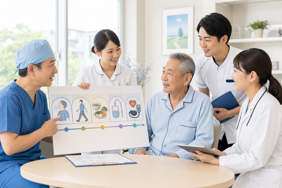 膵臓がん手術後の回復計画を多職種で確認する医療イメージ