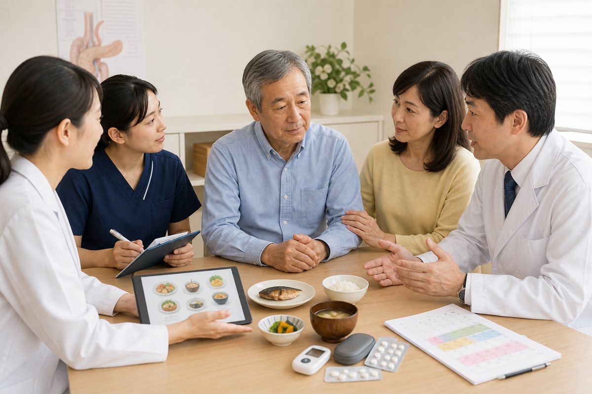 膵臓がん手術後の食事や生活について相談する日本人患者と家族