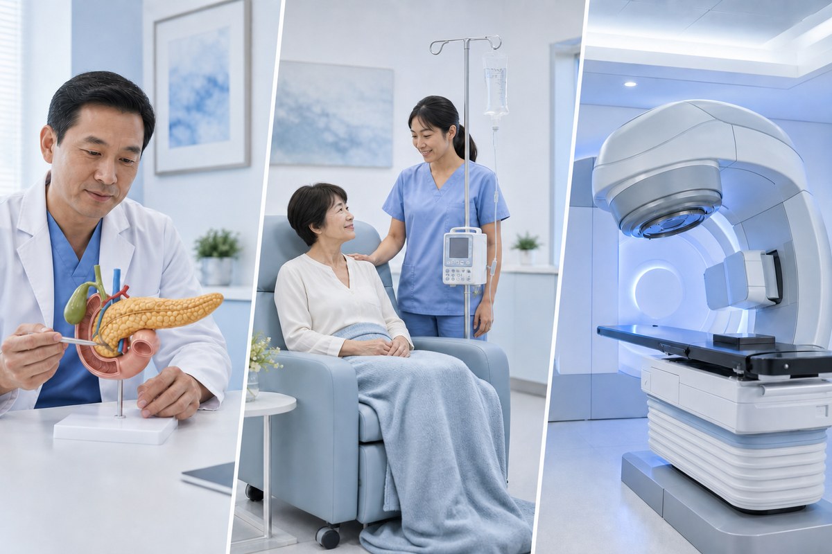 膵臓がんの手術・薬物療法・放射線治療を示す医療イメージ