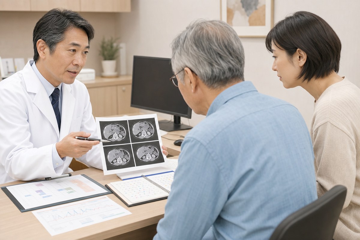 膵臓がんの治療歴と副作用を医師に相談する患者様とご家族