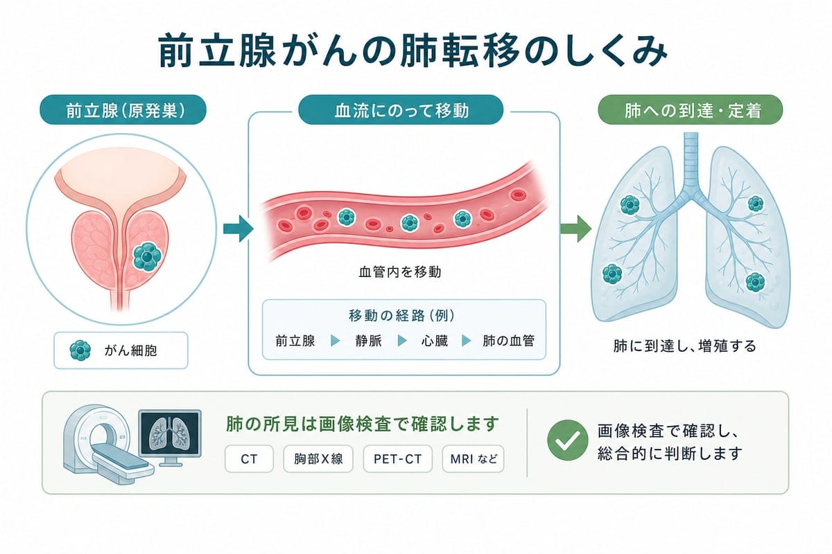 前立腺がんが血流を介して肺へ転移するしくみを示した医療図解