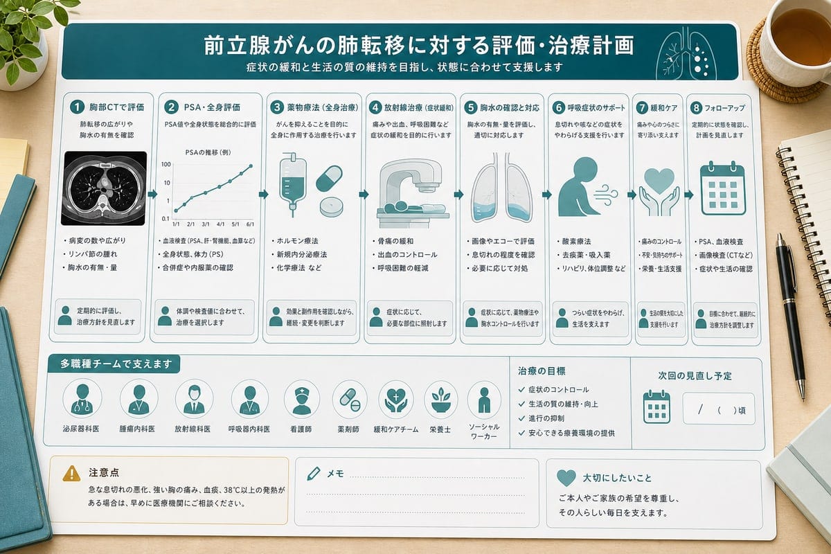 前立腺がん肺転移の胸部CTや薬物療法や胸水確認や緩和ケアを整理した治療計画