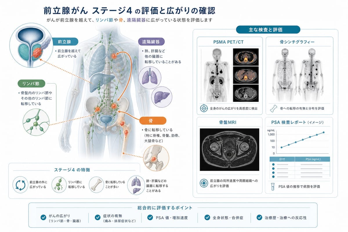 前立腺がんステージ4の広がりと検査を整理した医療図解
