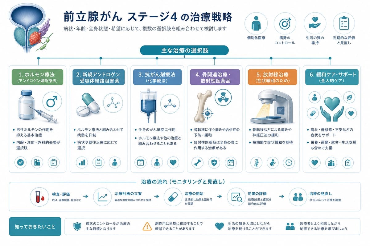 前立腺がんステージ4で転移部位や画像検査を確認する図解