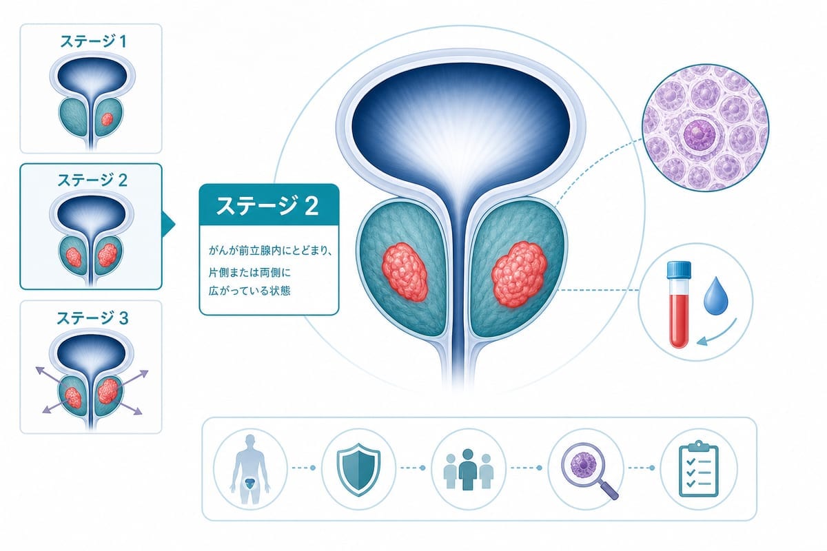 前立腺内にとどまるステージ2前立腺がんの図解