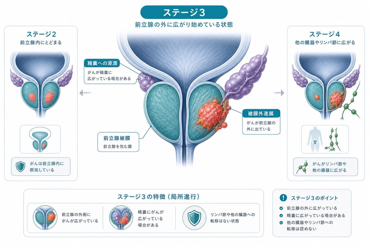 前立腺がんステージ3で前立腺周囲への広がりを示す医療図解