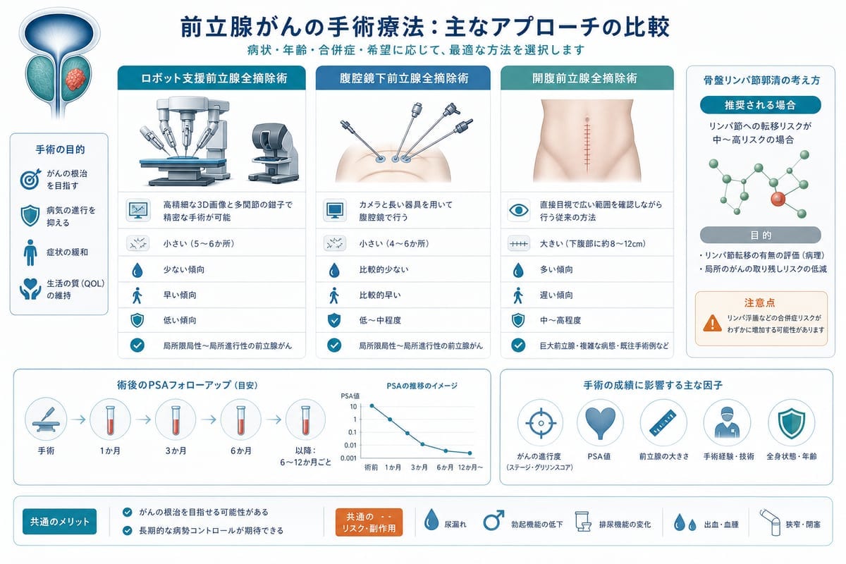 前立腺がん手術の主な術式を比較した医療図解