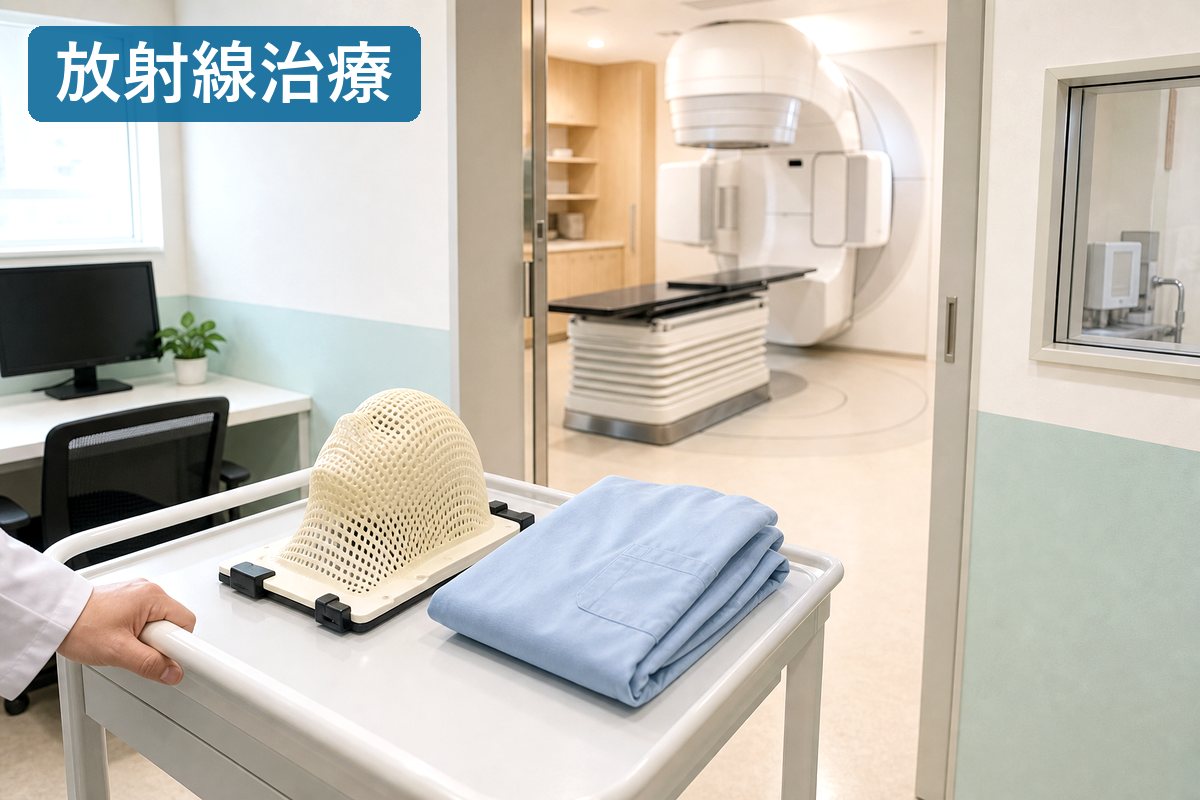 甲状腺がんの放射線治療を説明する明るい診察室の資料