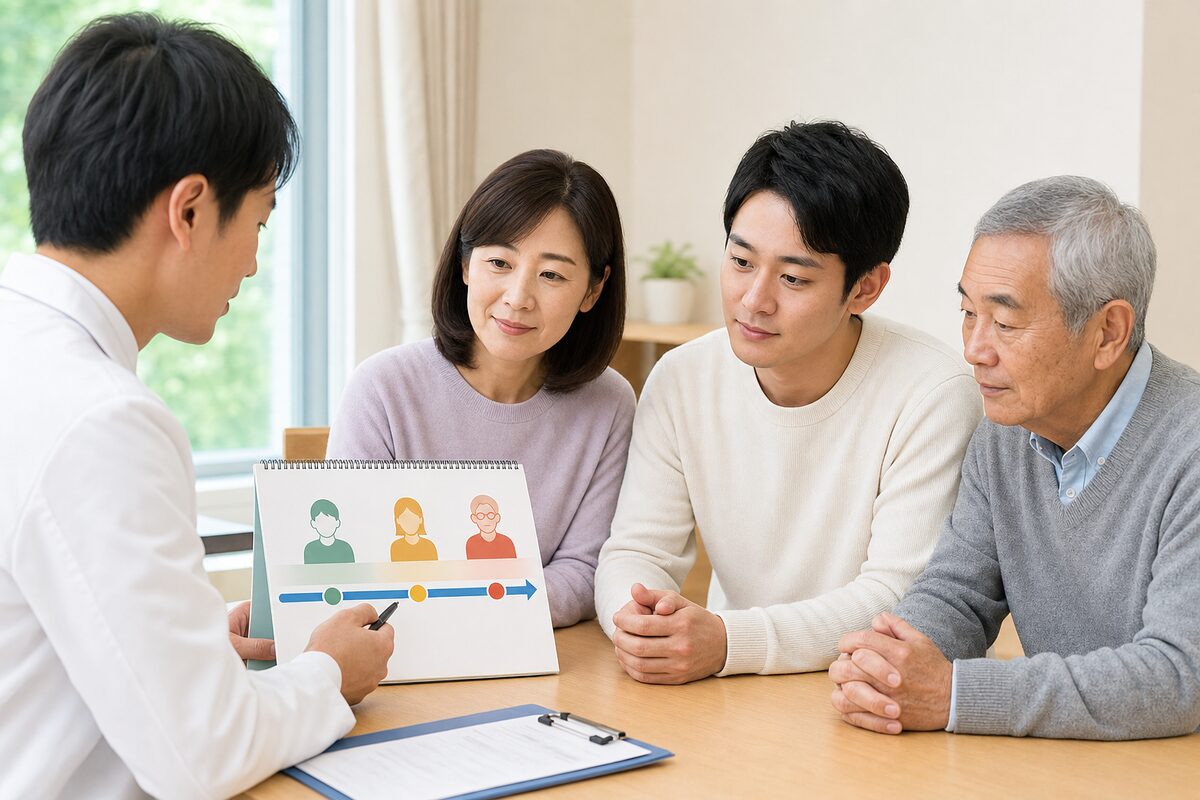 年代の異なる人と大腸がん検診について説明する医療者