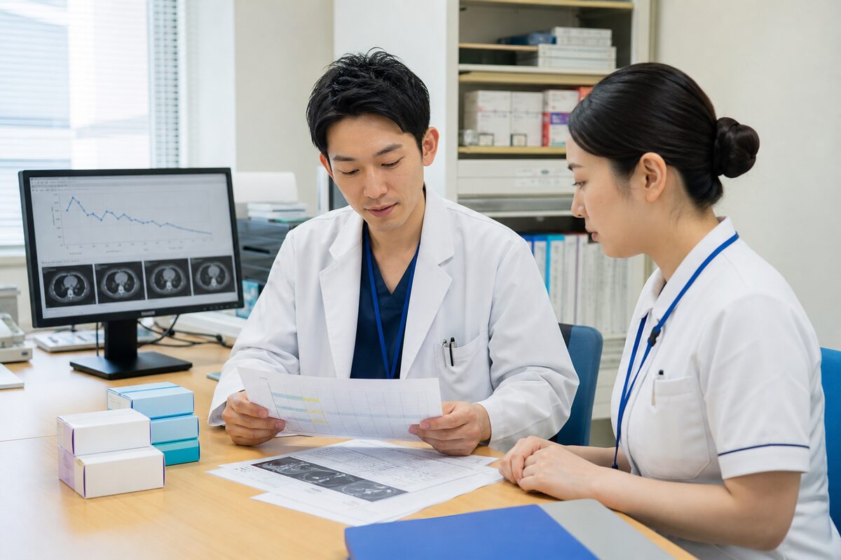 直腸がんの薬剤計画と検査結果を確認する薬剤師と看護師