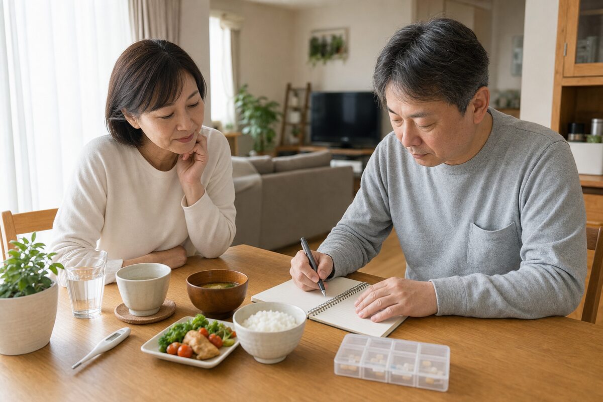 直腸がんの抗がん剤治療中に体調と食事を記録する患者家族