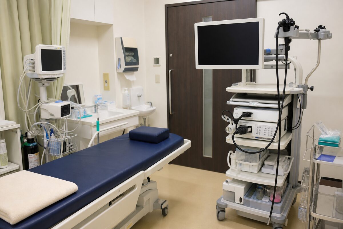 大腸内視鏡検査室に整えられた内視鏡装置と検査台