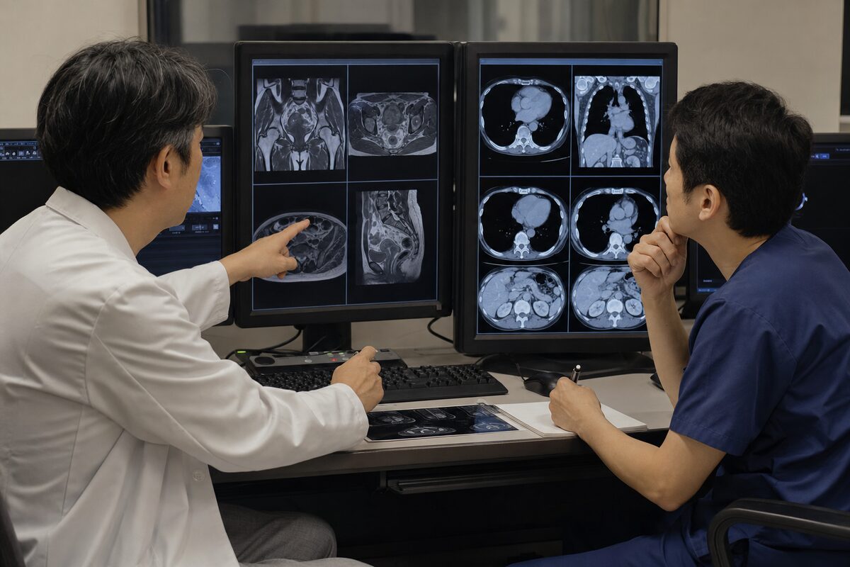 直腸がんの広がりを調べるCT・MRI画像を確認する医療者