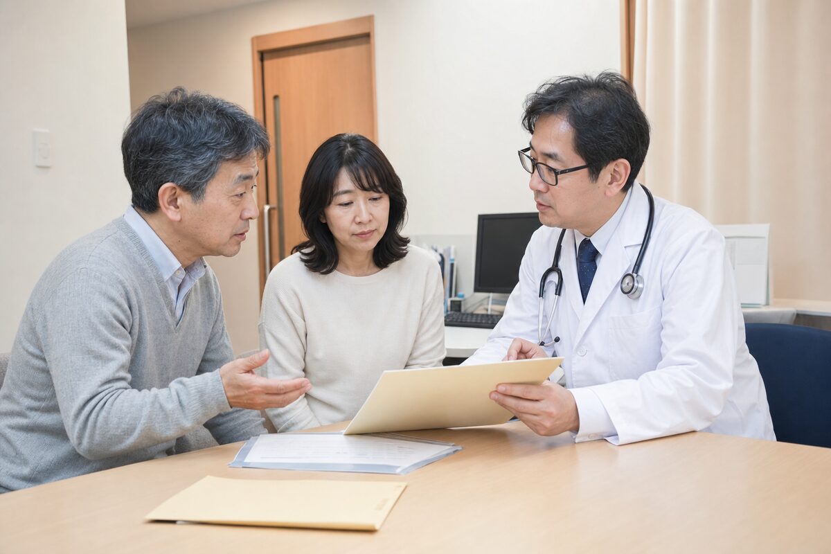 直腸がんの検査結果と追加検査について患者と家族が相談する様子