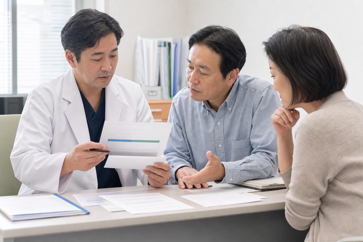 直腸がんの生存率や治療目的について患者と家族が医師へ相談する様子