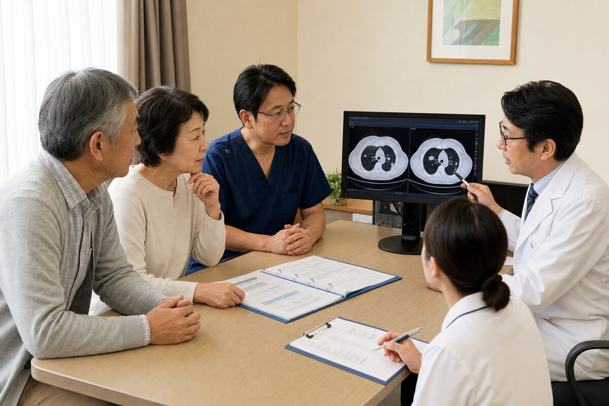 直腸がん肺転移の治療方針を患者と家族が詳しく相談する様子