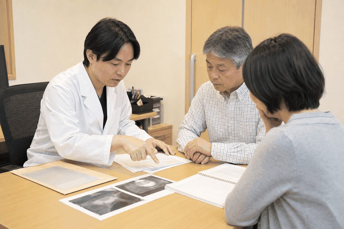 直腸がんの相談前に画像検査や治療資料を家族と整理する様子