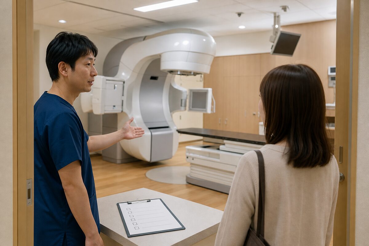 直腸がんの放射線治療装置と治療室を説明する医療スタッフ