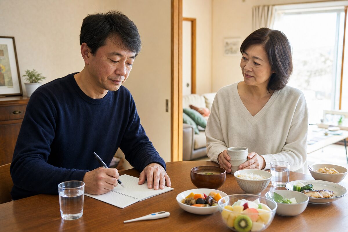 直腸がんの放射線治療中に食事と体調を記録する患者家族