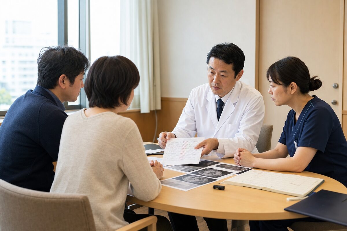 直腸がんステージ4の検査結果と治療方針を相談する患者家族