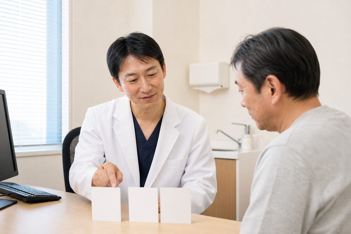 直腸がんステージ1の治療方法を医師と患者が比較する様子