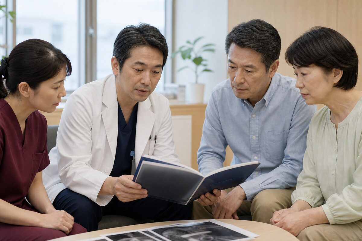 直腸がんステージ1の病理結果を確認する患者家族と医療者