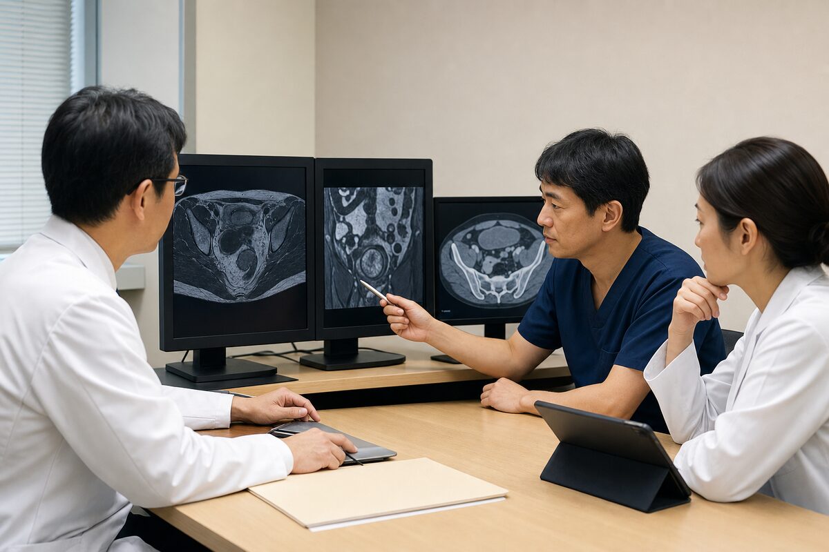 直腸がんステージ2の検査画像を確認する医療チーム