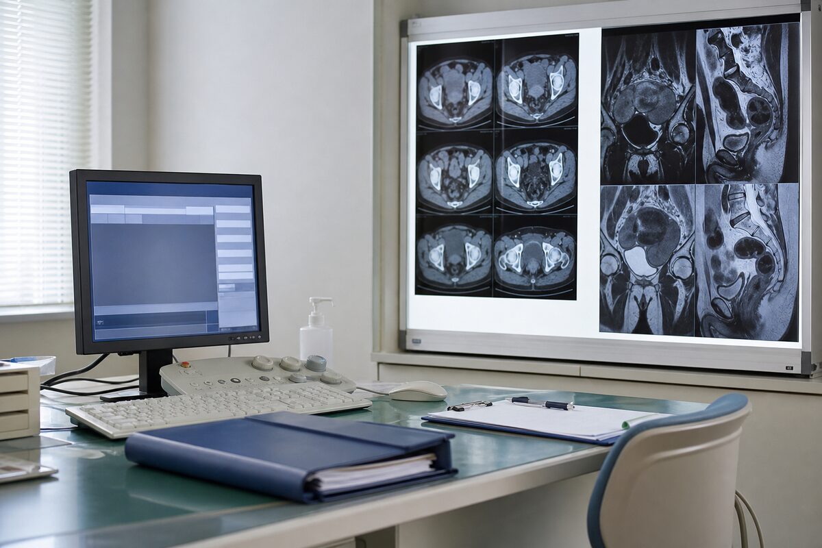 内視鏡・CT・MRIによる直腸がんステージ2の検査を示す図解