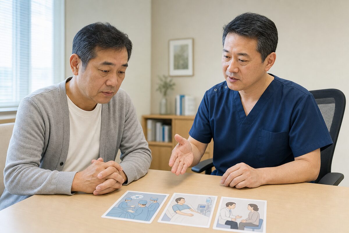 直腸がんステージ2の手術と補助療法を医師と患者が検討する様子