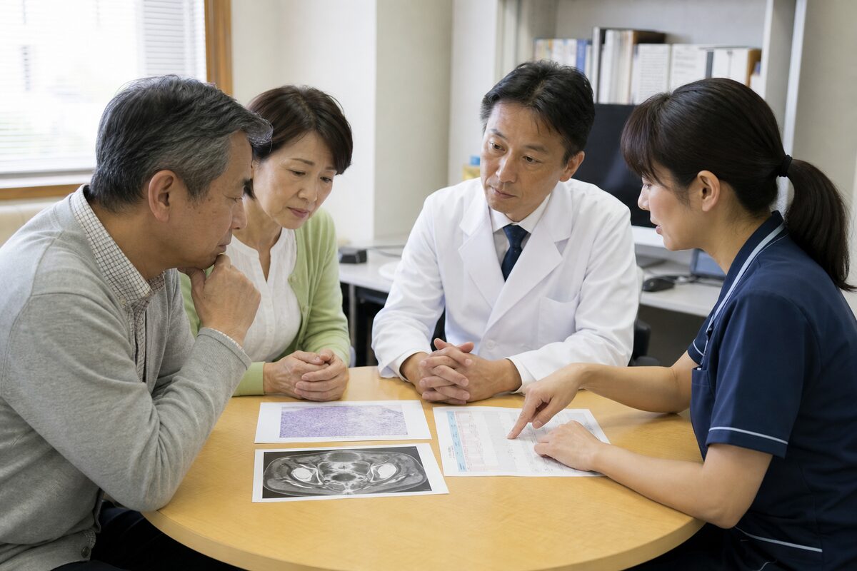 直腸がんステージ2の病理結果と治療方針を相談する患者家族