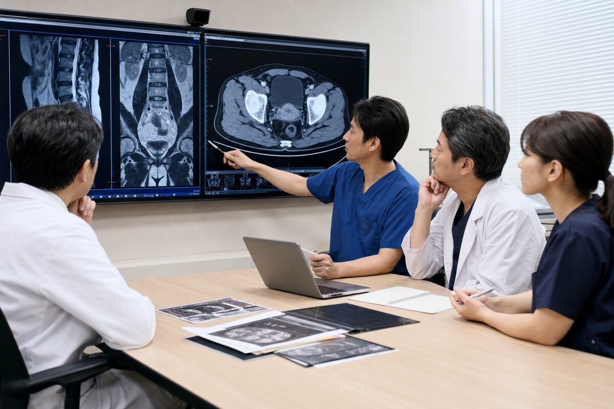 直腸がんステージ3の画像検査を検討する医療チーム