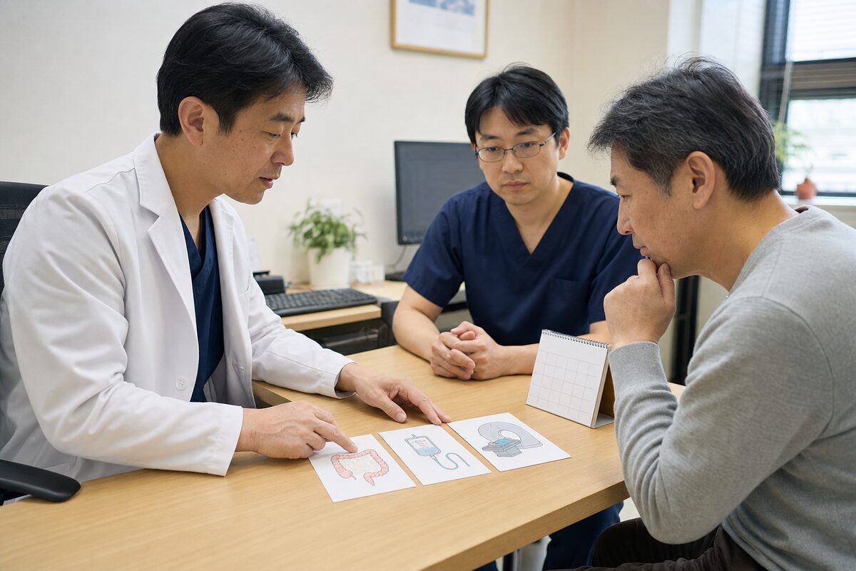 直腸がんステージ3の手術・薬物療法・放射線治療を相談する様子