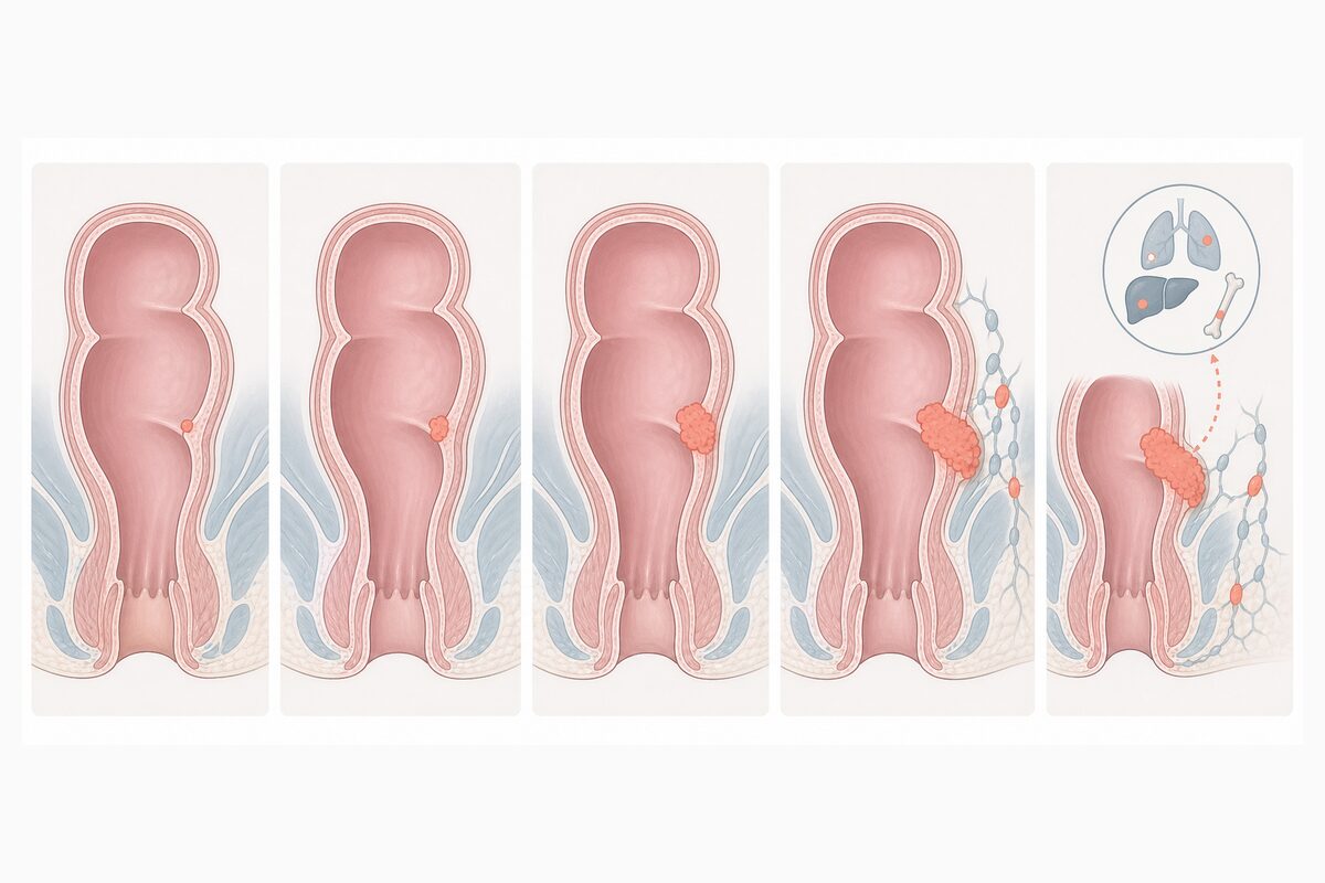 直腸がんのステージ0から4までの広がりを段階的に示す模式図