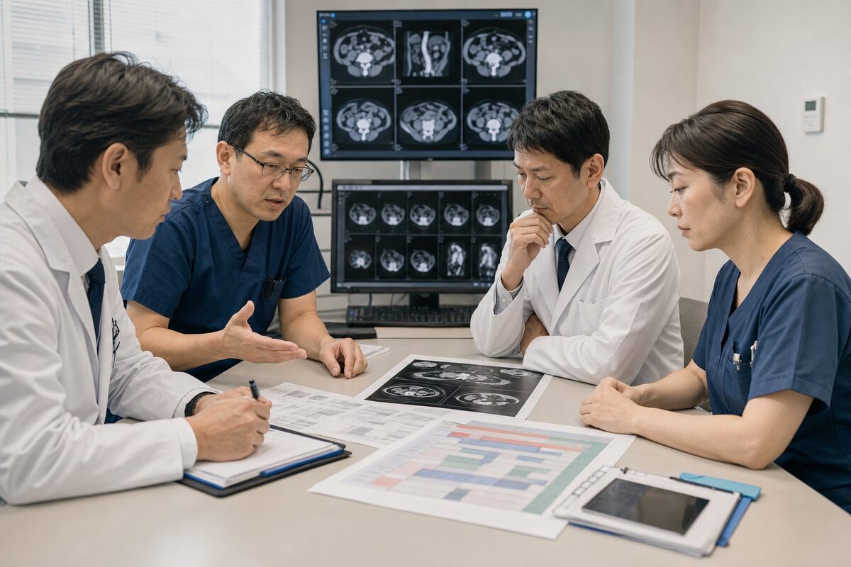 直腸がんのステージに応じた治療方針を検討する医療チーム