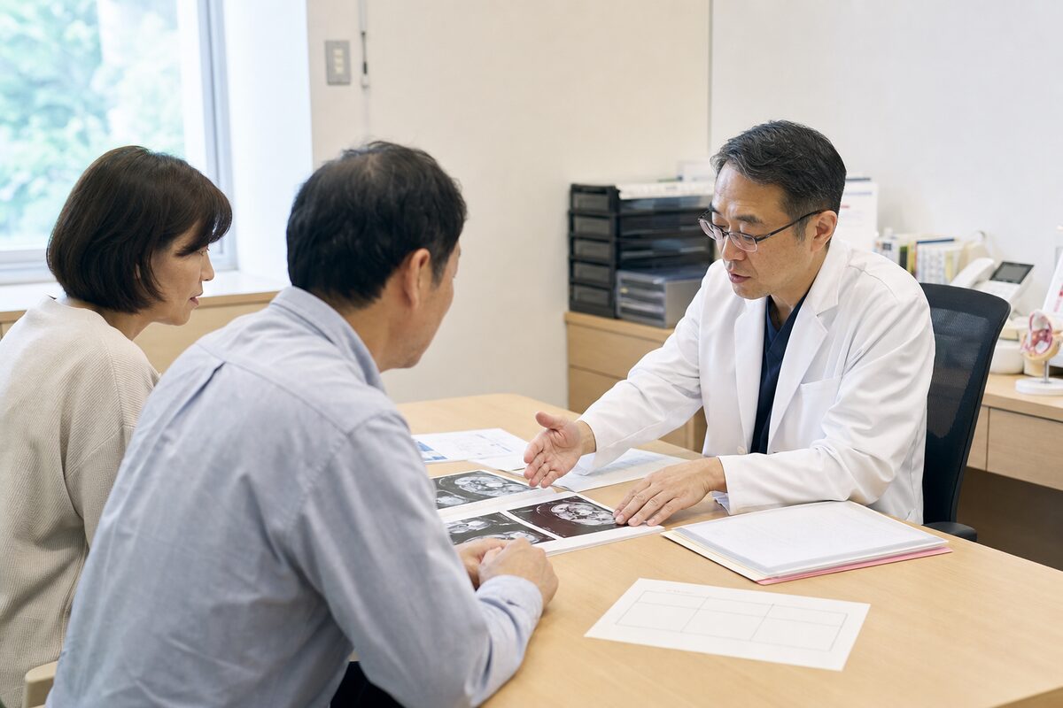 直腸がんのステージと治療方針について患者と家族が相談する様子