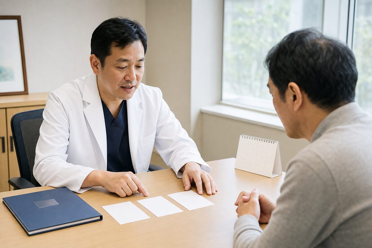 直腸がんの開腹・腹腔鏡・ロボット支援手術を説明する医師