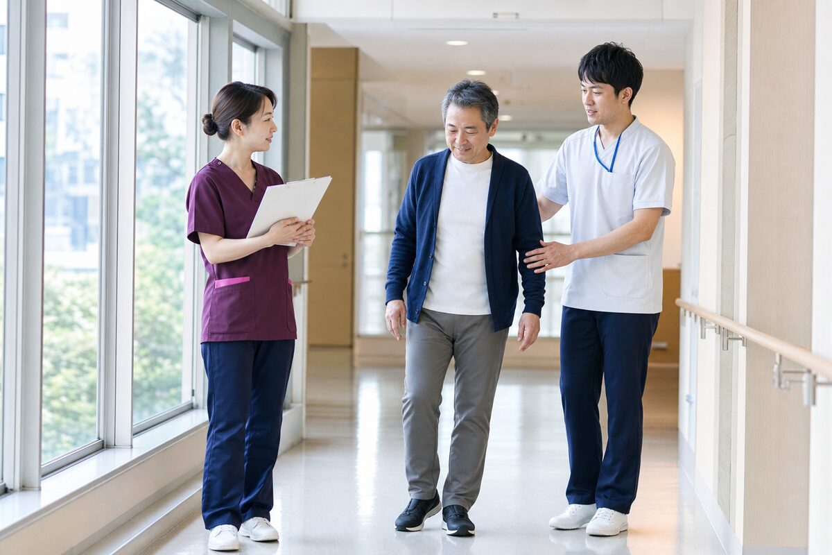 直腸がん手術後に歩行練習を行う患者と医療スタッフ