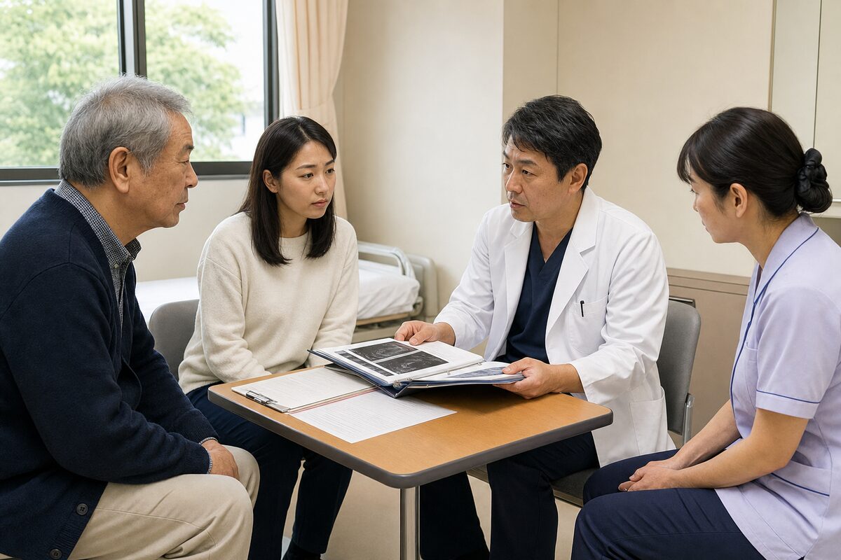 診療情報を確認しながら直腸がんの治療相談を行う医師と患者家族