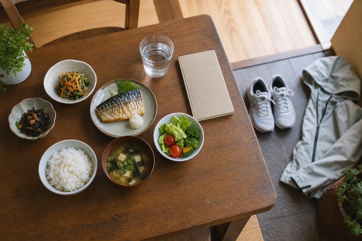 禁煙や節酒、食事、運動など直腸がん予防の生活習慣を表す写真